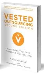 White book titled, Vested Outsourcing: Five Rules That Will Transform Outsourcing