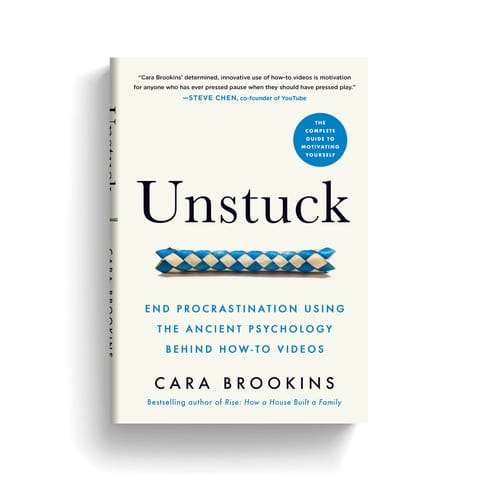 A book titled "unstuck: end procrastination using how-to videos" by cara brookins, with a subtitle "the ancient psychology behind how-to build your motivation to diy," and.
